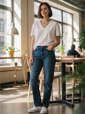 NWT Zara White V-Neck Tee with Dark Blue Straight-Leg Jeans Size S